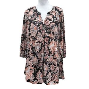 Melloday Floral Paisley Baby Doll Tunic Top 3/4 sleeves Button Front Blouse